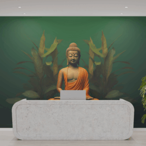 Serene Buddha statue amidst green nature on a wall tapestry or Meditating Buddha wall tapestry with lush green leaves