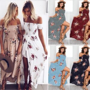 Women's Boho Off-Shoulder Maxi Dress - Floral Print Summer Beach Dress