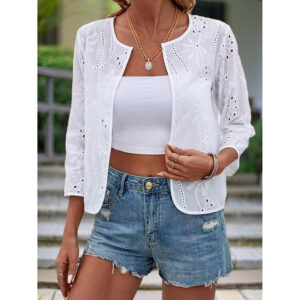 White Eyelet Shrug Cardigan - Summer 3/4 Sleeve Cover Up