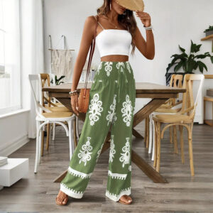 Women's High Waisted Wide Leg Pants - Geometric Print Boho Trouser