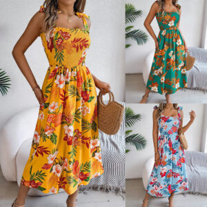 Women's Floral Print Tie-Shoulder Maxi Dress - High-Waisted Summer Beach Dress