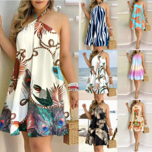 Women's Halter Neck Mini Dress - Printed A-Line Summer Beach Dress