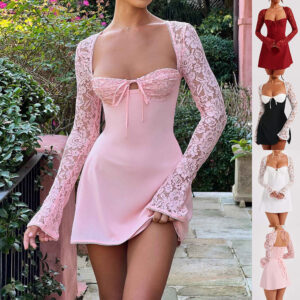 Women's Y2K Lace Corset Mini Dress - Long Sleeve Backless Party Dress