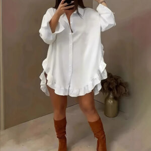 Women's Ruffled Hem Tunic Shirt - Long Sleeve Button-Down Top