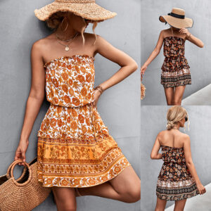 Women's Strapless Boho Mini Dress - Floral Print Summer Beach Dress